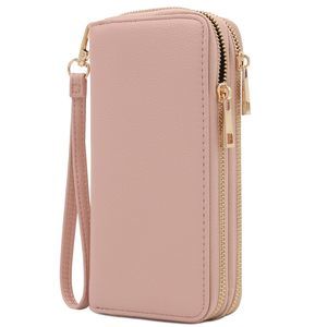 Double Zip Around Pu Leather Wristlet Cell Phone Wallet Blush :<